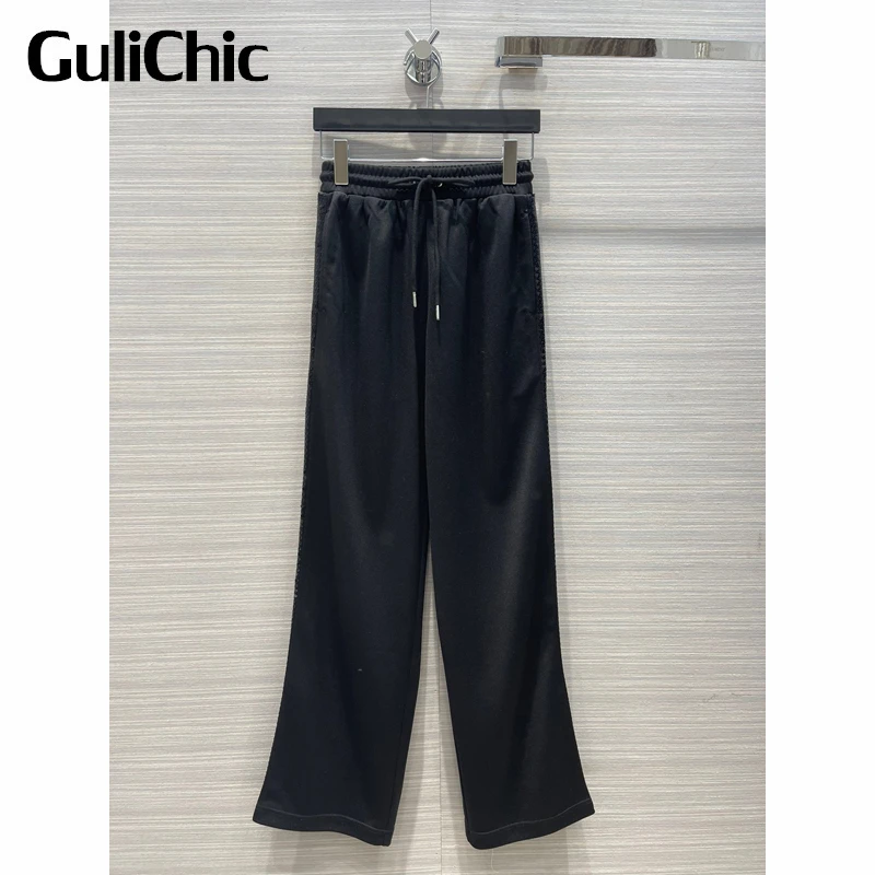 

5.16 GuliChic Women Casual Comfortable Embroidery Sequins Design Drawstring Straight Pants