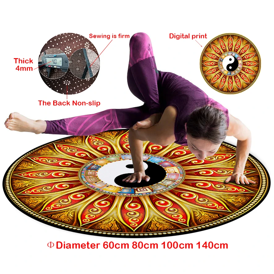 

Vintage Mandala Yoga Mat Yin Yang Tai Chi Fitness Rug Chakra Meditation Carpet Gym Pilates Exercise Pads Round Non-slip 140CM