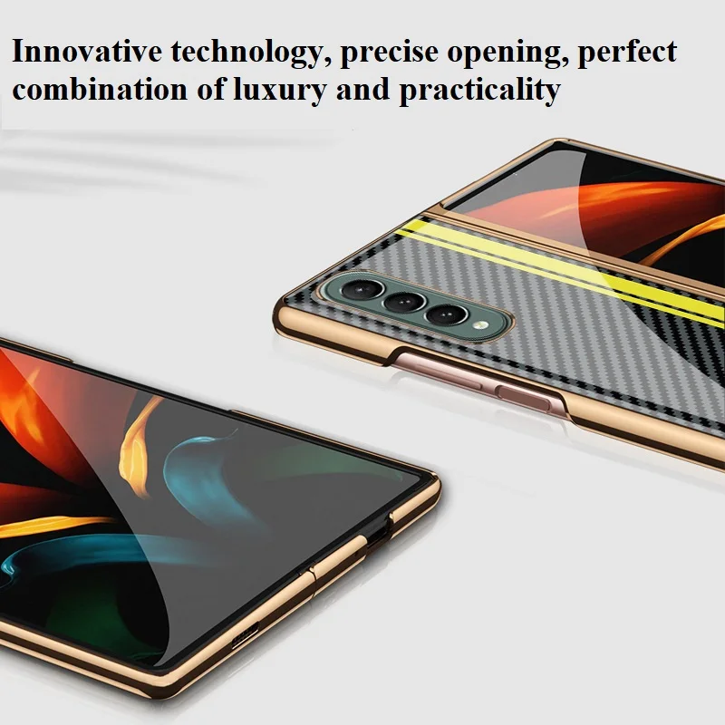 Carbon Fiber Textured Phone Case for Samsung Galaxy Z Fold 3 Cover Luxury Plating Glass Fold3 Shockproof Case for Z Fold 3 Case