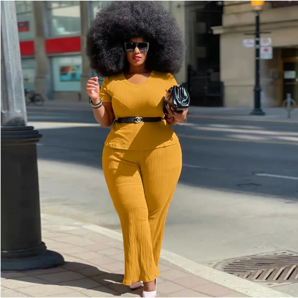 4xl Plus Size Sets For Women Solid Ruffle Shirts And Flare Pants 2022 Summer Two Piece Sets Fashion Luxury Wholesale Clothes