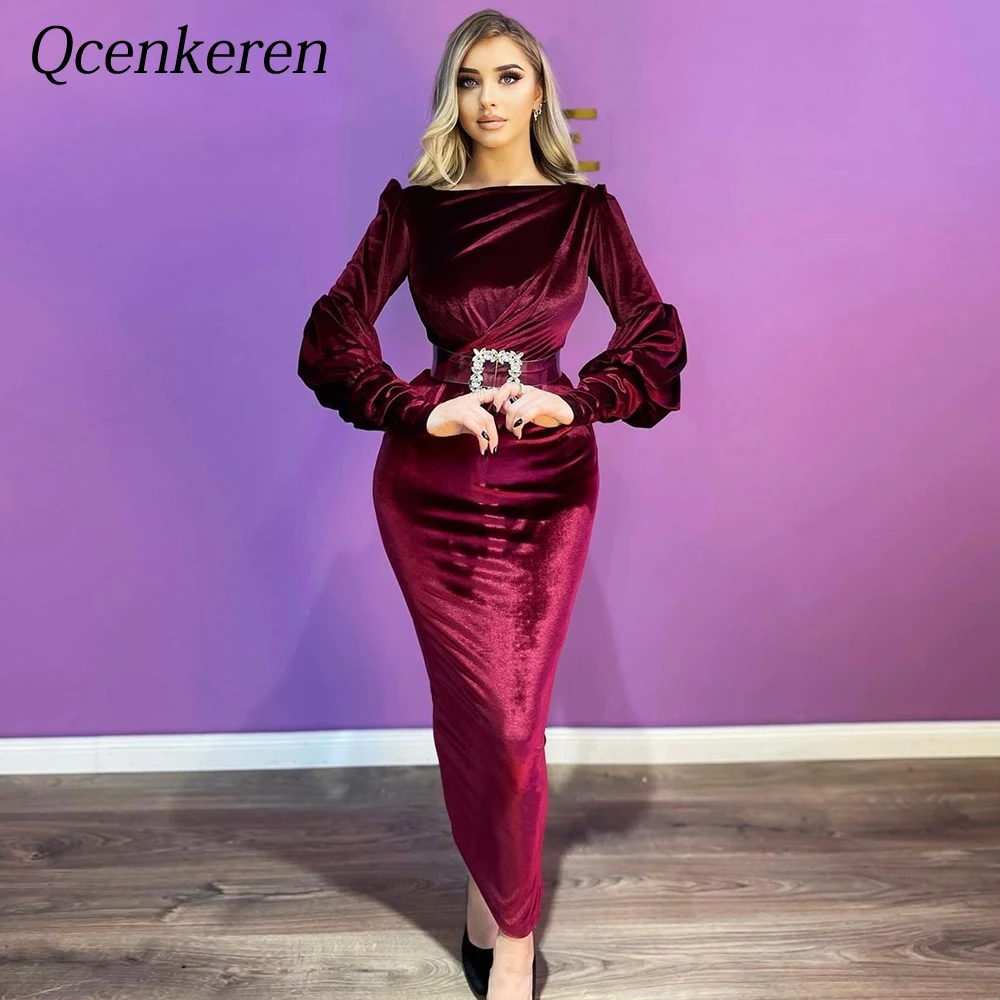 

Custom Sexy Long Puff Sleeves Evening Formal Sheath Bespoke Occasion Mermaid Dresses With Belt Ankle-Length Party Women Gowns