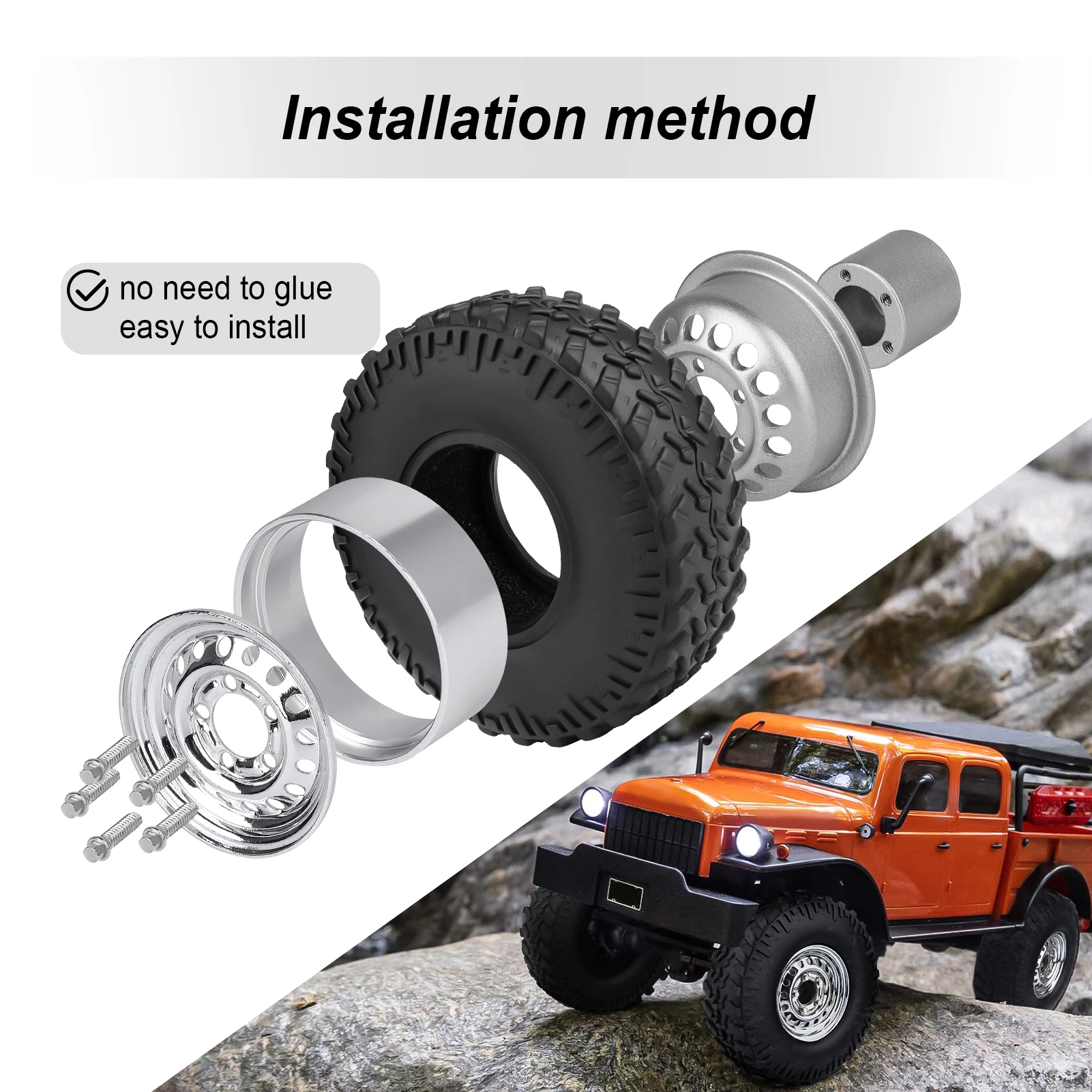 Фото Колеса и шины HobbyPark Chrome Steel 1.0 Beadlock с отрицательным вылетом для моделей 1/24 Axial SCX24 FCX24, запчасти для тюнинга №3