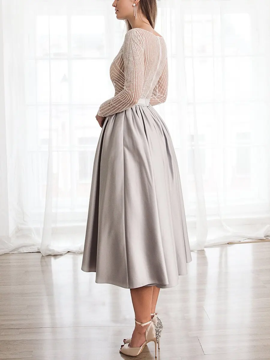 PLEINDI Luxury Evening Dresses V-Neck A-LINE Long Sleeves Tea-Length Chiffon 2022 New of Ruched Exquisite Prom Women Dress