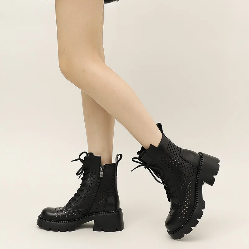 AIYUQI Cool Boots Female Genuine Leather 2023 New Hollow Out Summer Boots Female Retro Mesh Ankle Boots Female