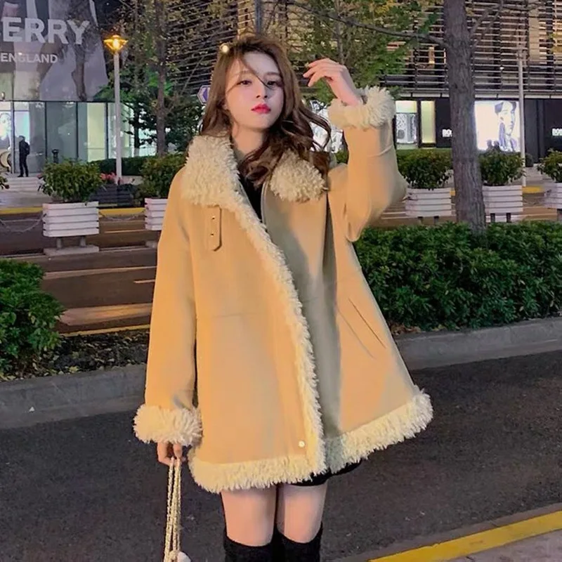 Retro Red Coat for Women 2022 Autumn Winter New Plush Thickened Parkas Jacket Fashion Casual Long Sleeve Khaki Loose Overcoats