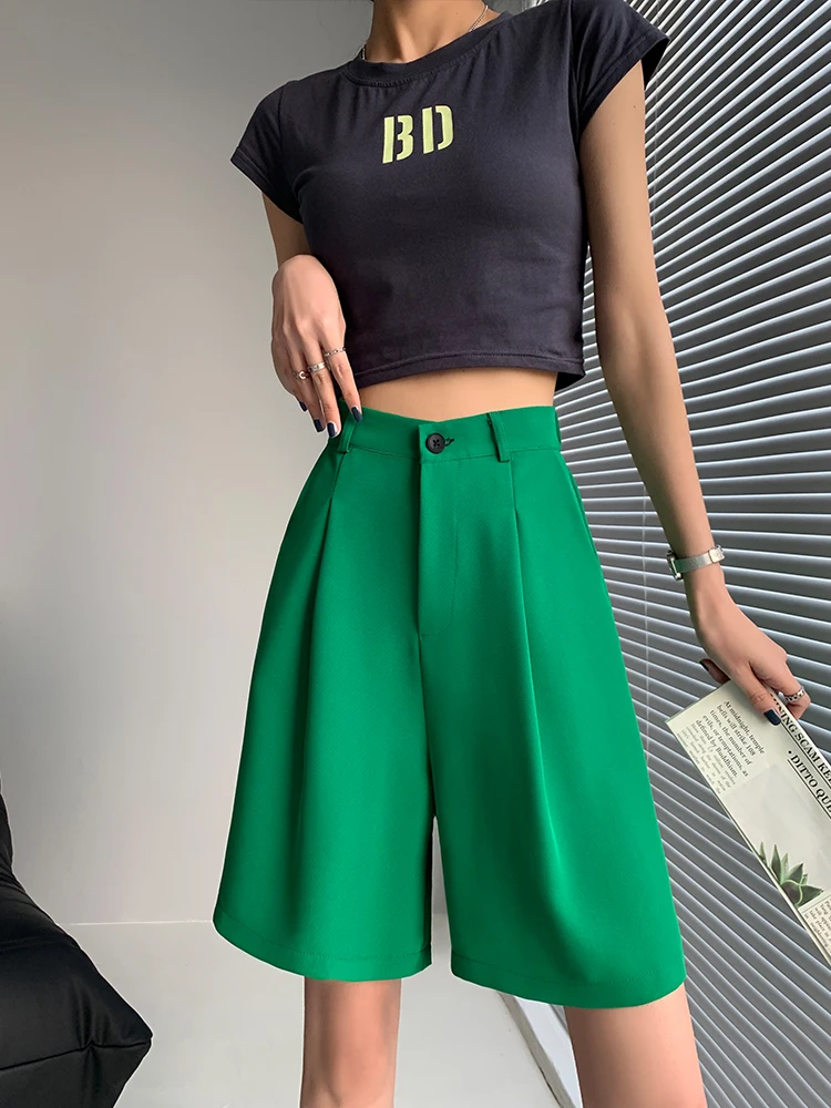 DFRCAEG 2023 Summer Bermuda Shorts For Women High Elastic Waist Wide Leg Loose Suit Pants With Pockets Casual Half Pants Femme