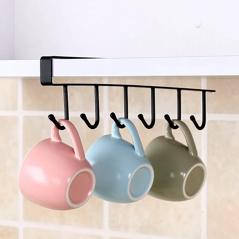 

6 Hooks Kitchen Storage Shelf Wardrobe Cabinet Metal Under Shelves Mug Cup Hanger Bathroom Kitchen Organizer Hanging Rack Holder