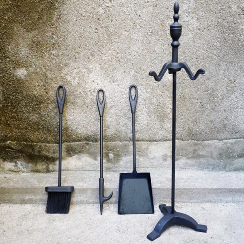 

4PCS Fireplace Tools Fire Hook+Shovel+Brush+Poker With Pedestal Base Winter Heating Fireplace Tools