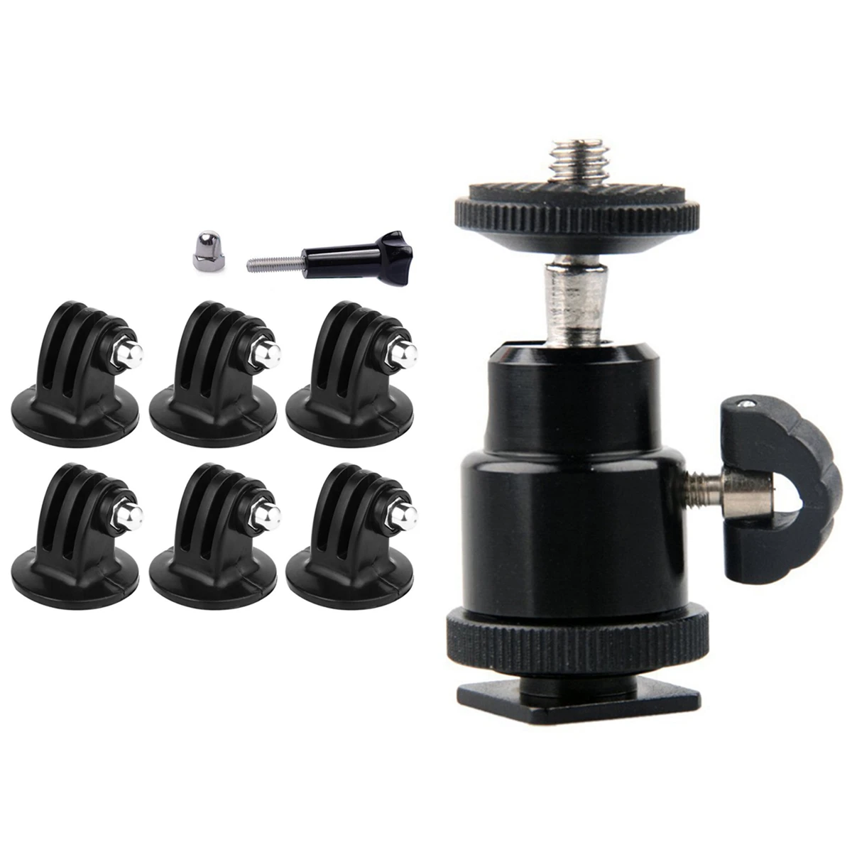 

1x Mini Ball Head 1/4 inch Mount with Flash Shoe for DSLR SLR & 7x Tripod Mount Adapter for Hero 6, 5, 4