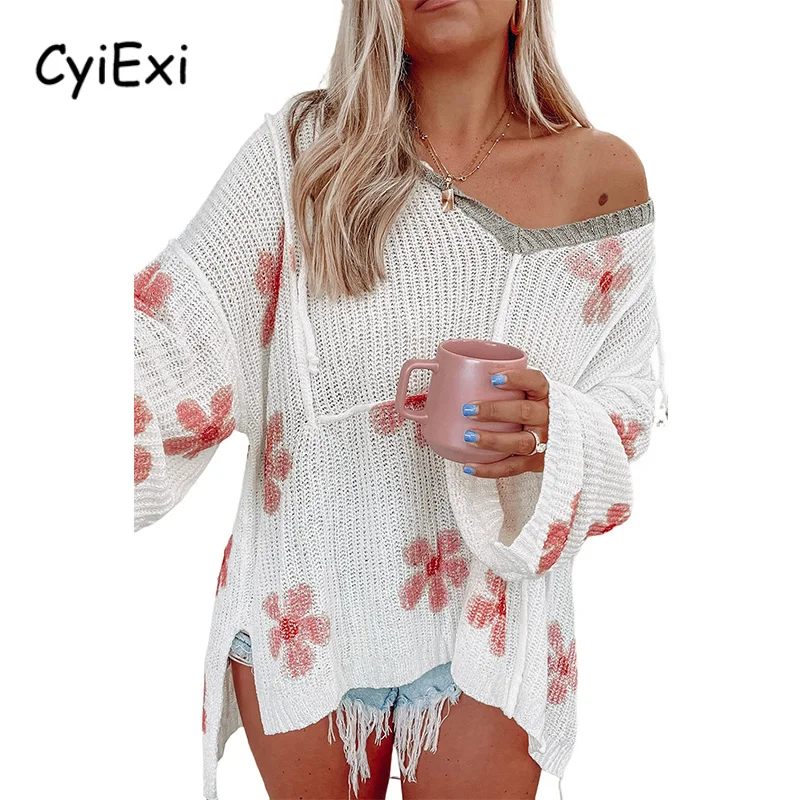 Женский легкий вязаный свитер CyiExi с цветочным принтом и капюшоном Повседневные