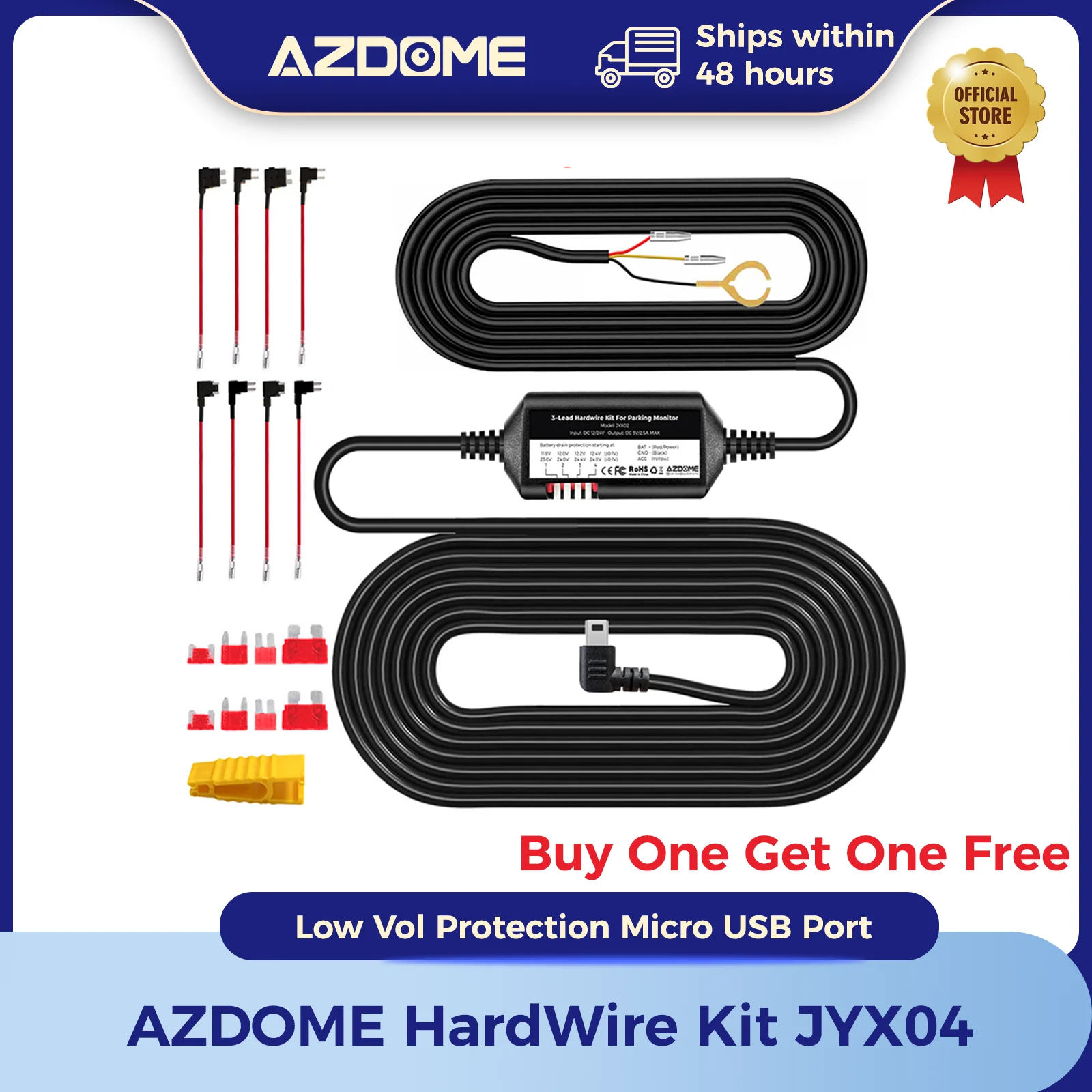

2 шт. AZDOME JYX04 автомобильный видеорегистратор HardWire Kit с защитой от низкого напряжения, порт Micro USB, кабель питания ACC 12 В-24 В, выход 5 В, 3 А