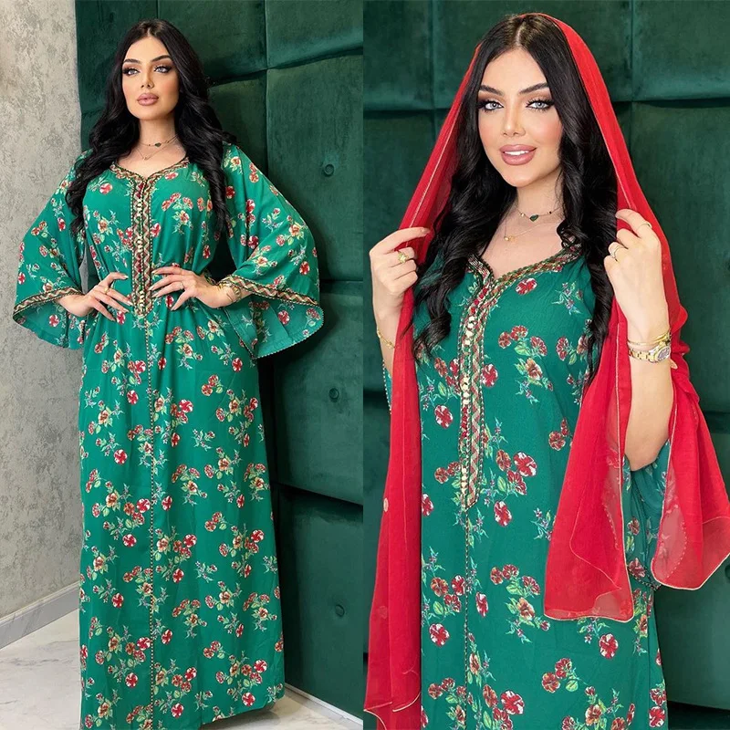 Jalabiya Kaftan Abaya Dubai Loose Floral Printed Long Arabic Muslim Dress Women Moroccan Islam Party Evening Dresses Ramadan Eid