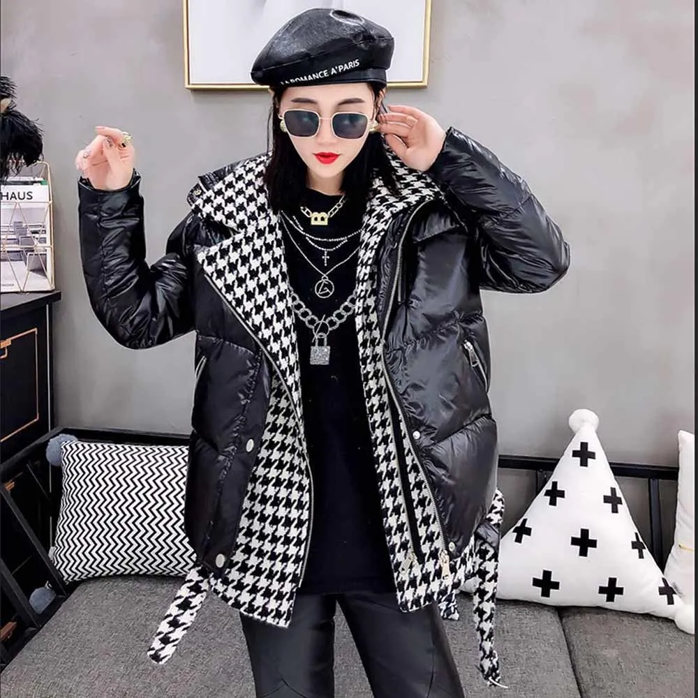 brown Winter Collar Houndstooth Stitching Fake Two-piece Thick Warm Cotton-padded Women Thick Parkas Coat Jacket Female korean