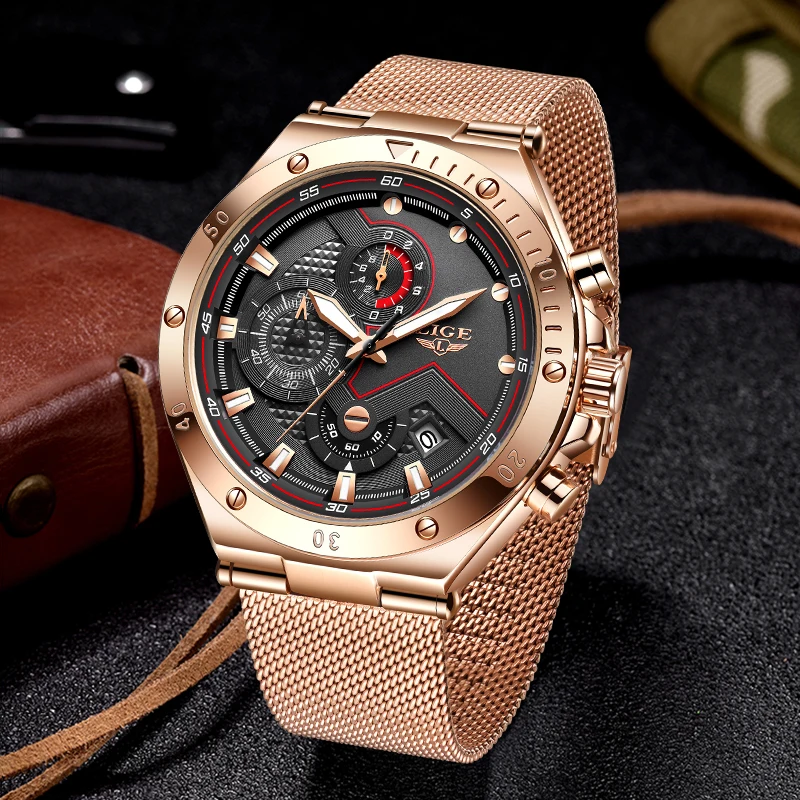 Часы мужские водонепроницаемые кварцевые с хронографом и коробкой |