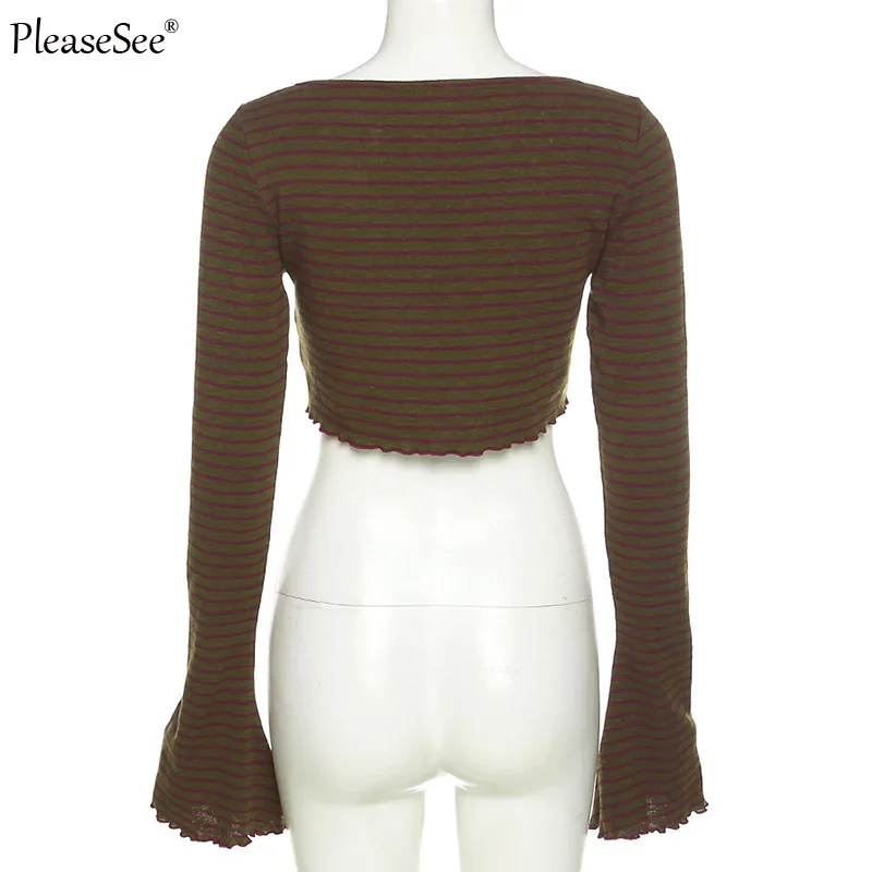 Женский винтажный кардиган в полоску короткий топ с расклешенными рукавами