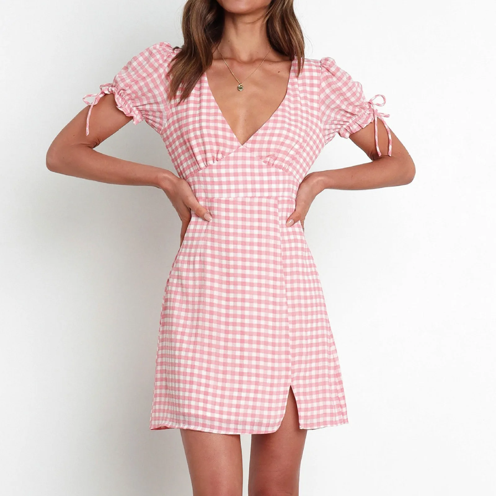 

Женское платье с V-образным вырезом и оборками, платье с длинным рукавом и принтом в клетку, платье с высокой эластичной талией, милый наряд д...