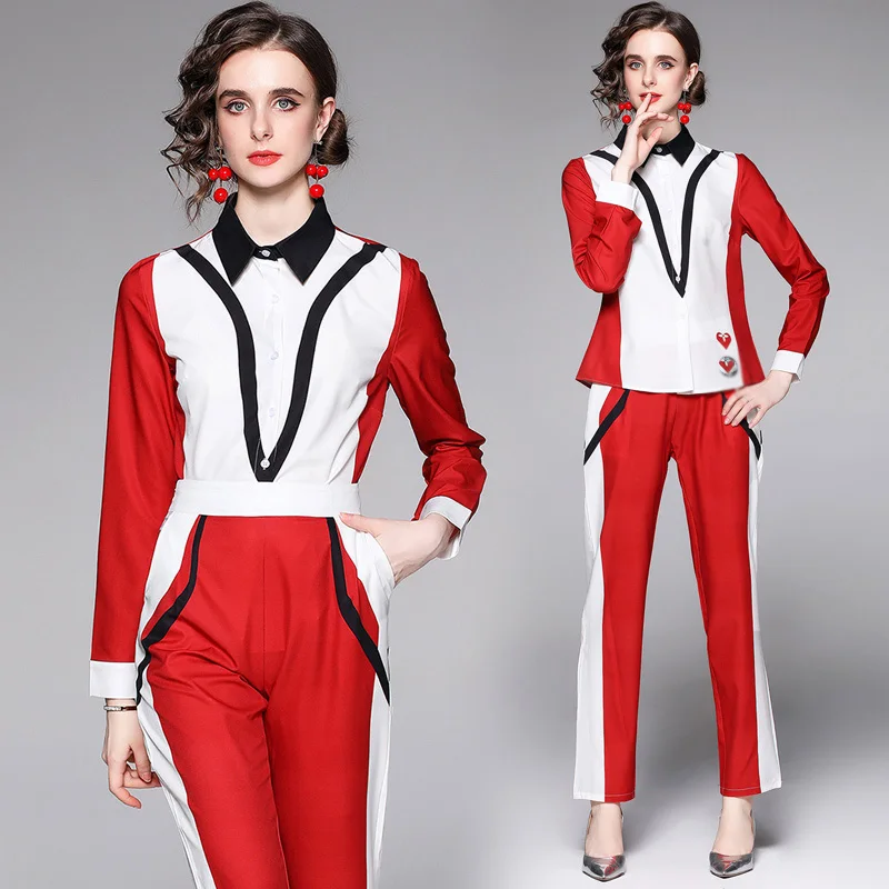 

Design Printed Women Red Pant Sets Runway Ins Chic Single Breasted Shirt Blouse Top and Pants Trousers Set Office 2 Piece Set