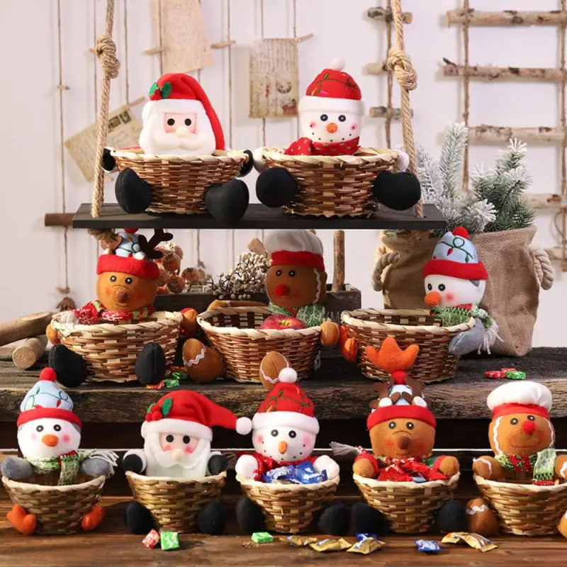 

Christmas Hand-woven Candy Wicker Basket Fruit Box Cute Cartoon Santa Claus Fruit Basket Snowman Elk Doll Xmas Decor Basket