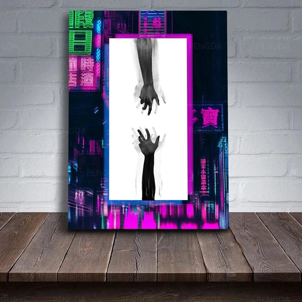 

Canvas Poster Hand in Hand Painting Wall Art Neon Light Printed Modular Pictures Retrowave Home Decor For Living Room No Frame