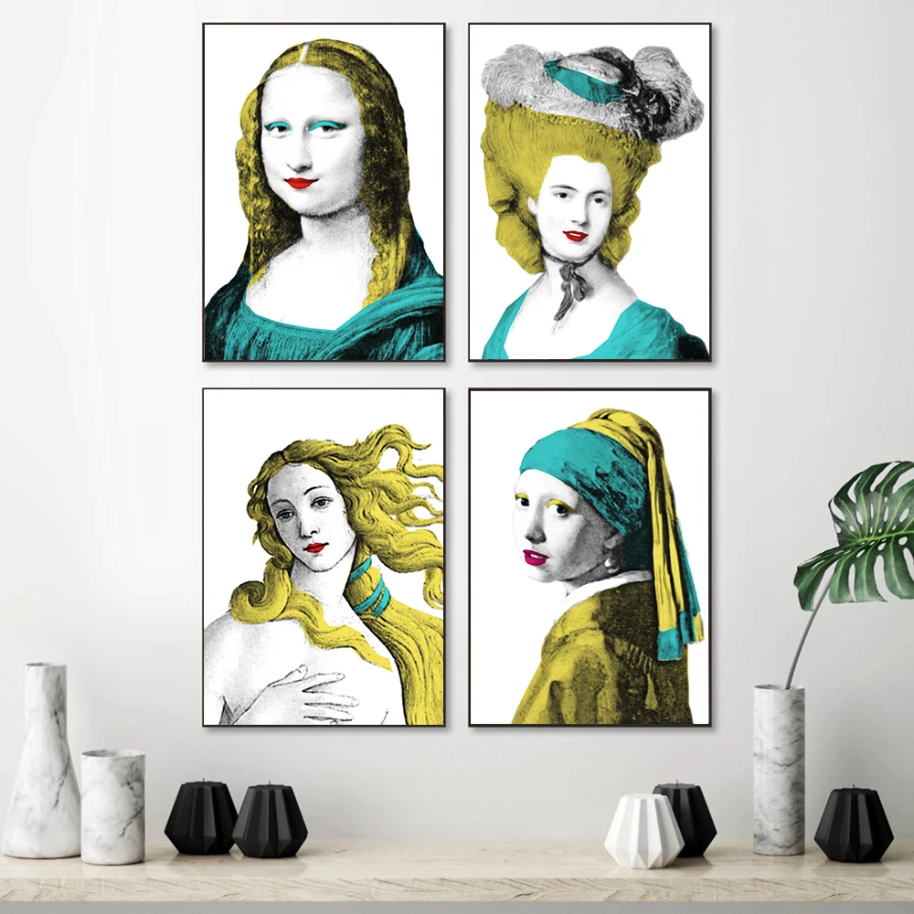 

Girl with a Pearl Earring Pop Art Prints Abstract Mona Lisa Venus Canvas Painting Vintage Fun Poster Wall Pictures Home Decor