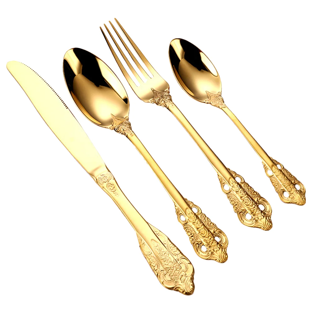 

Set Fork Forks Spoon Silverware Dessert Fruitflatware Gift Dinnerware New Year Cutlery Sugar Stainless Gold Vintage Steak Floral