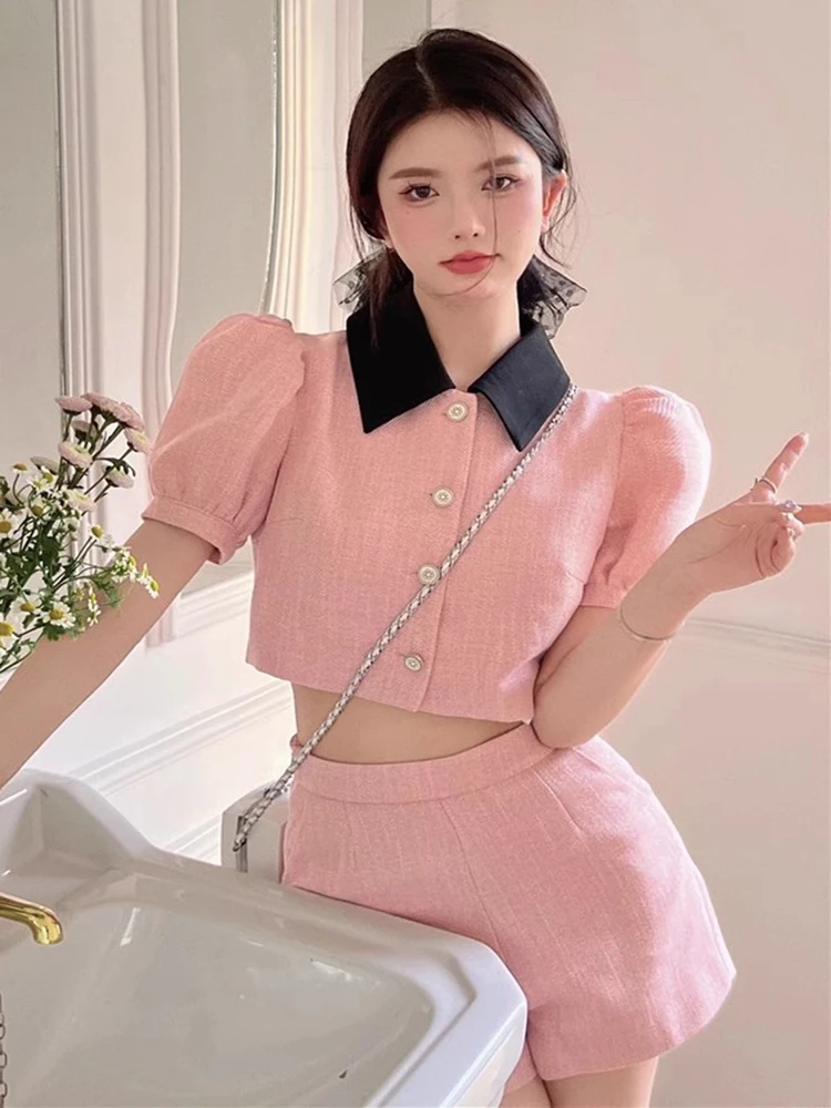 

Small Fragrance Summer Sweet Pink Tweed Outfits For Women Puff Sleeve Slim Crop Top + Shorts Female Elegant Fashion Clothes
