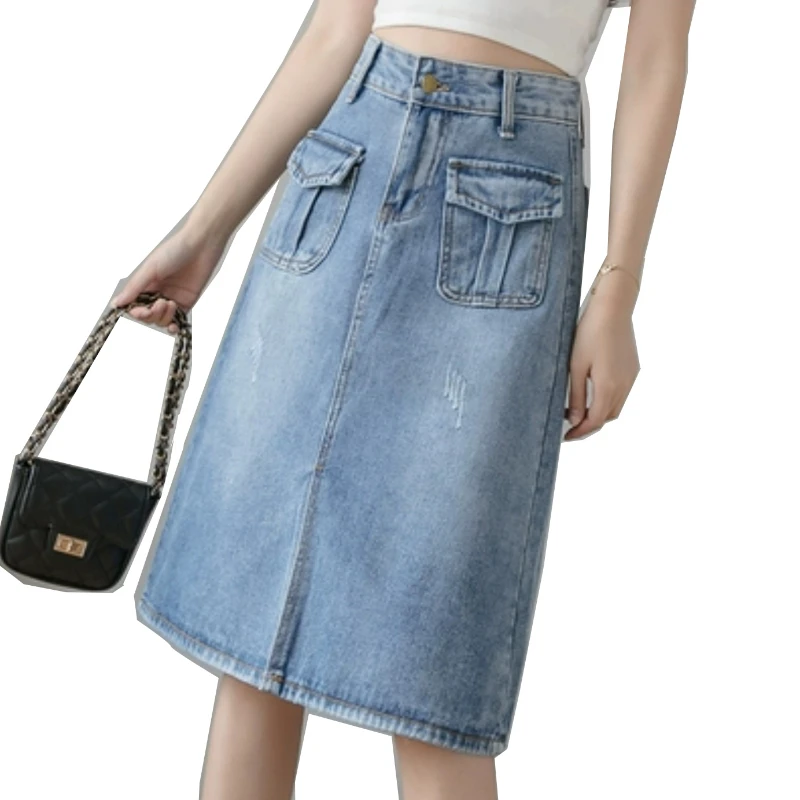 

Женская джинсовая юбка с завышенной талией, голубая Повседневная облегающая юбка до колен в Корейском стиле, весна-лето 2022