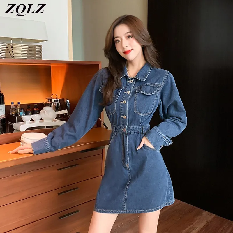 

ZQLZ Denim Dress Women Spring Autumn Streetwear Casual Mini Dresses Female Loose Long Sleeve Single Breasted Blue Jean Vestidos