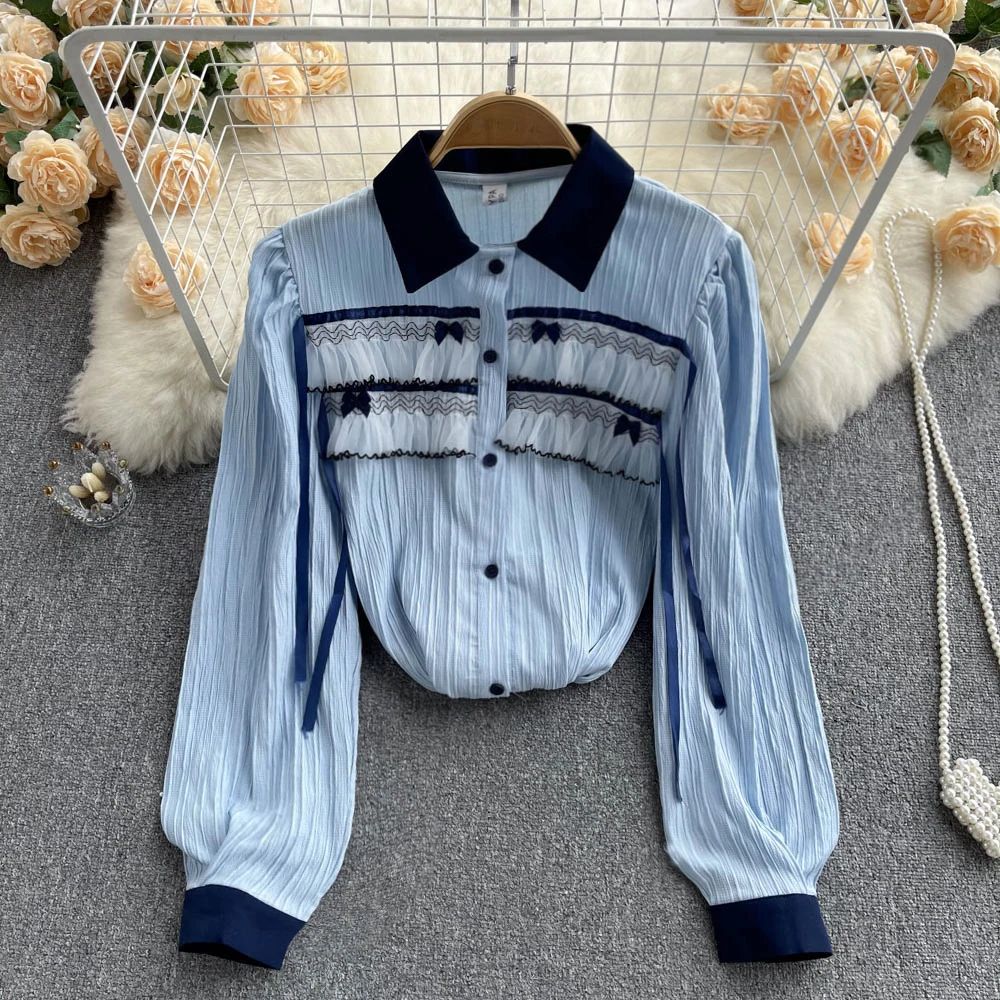 

VANOVICH Patchwork Gauze Ruffled Long Sleeve Shirts Summer 2022 New Women's French Design Fashion Contrast Color Casual Shirts