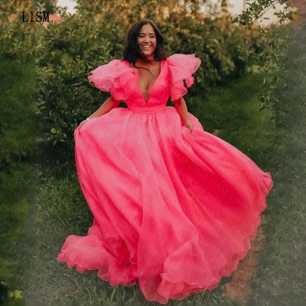 

LISM A-line Pink Deep V-neck Organza Formal Evening Party Dresses 2023 Princess Short Sleeves Quinceanera Prom Gown Simple New