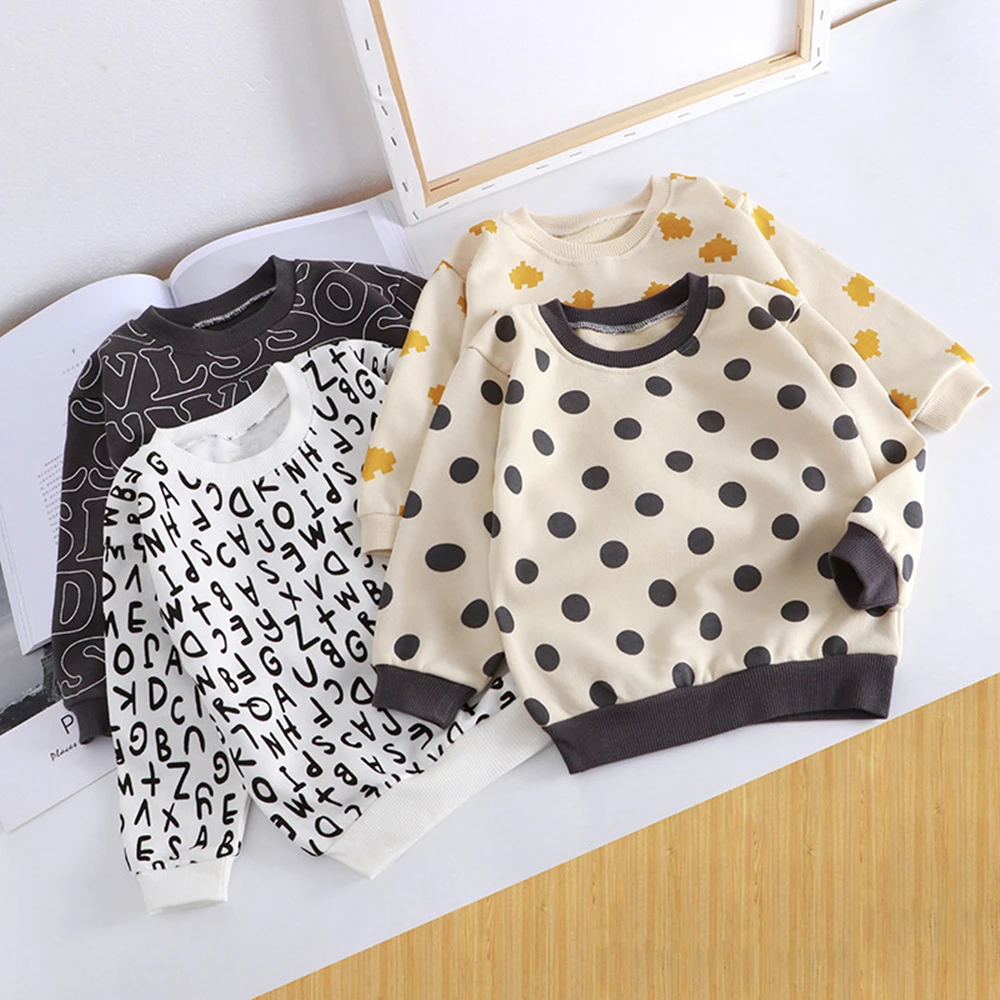 

New Children Korean Long-sleeved Sweatshirt T-shirt Boys and Girls Simple Letters Polka Dot Pattern Fashion Casual Sweatshirts