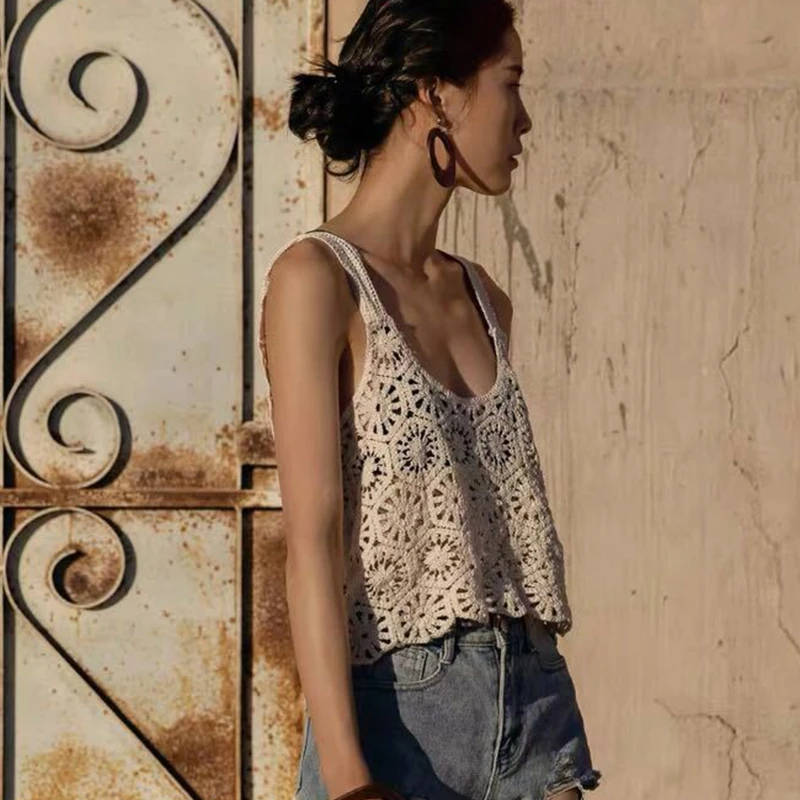 Женская вязанная крючком укороченная майка в стиле бохо полая бретелька без