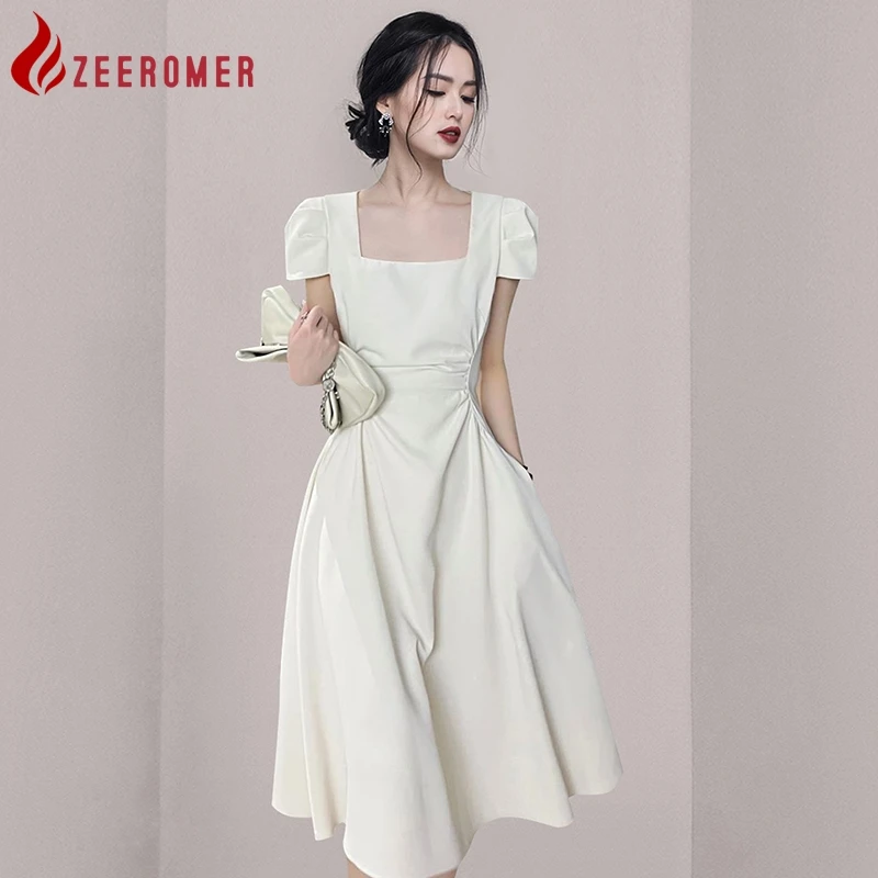 

2023 New Summer Fashion Temperament Office Casual Dress High Quality Women Square Neck Puff Sleeve Slim A-line Party Midi Dress