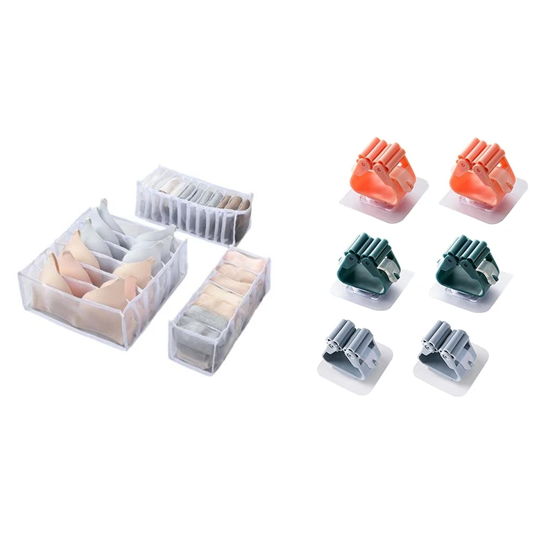 

3Pcs Underwear Bra Organizer Storage Box Drawer Closet Organizers With 6Pcs Kitchen Hooks Broom Tool Mop Holder