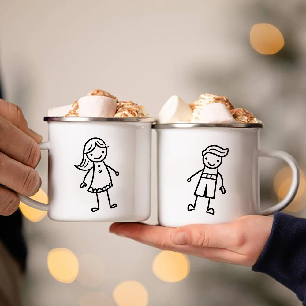 Creative Lovers Party Wine Beer Drink Juice Cocoa Cups Valentine's Day Gift Boy Girl Stick Figure Couples Enamel Coffee Tea Mugs