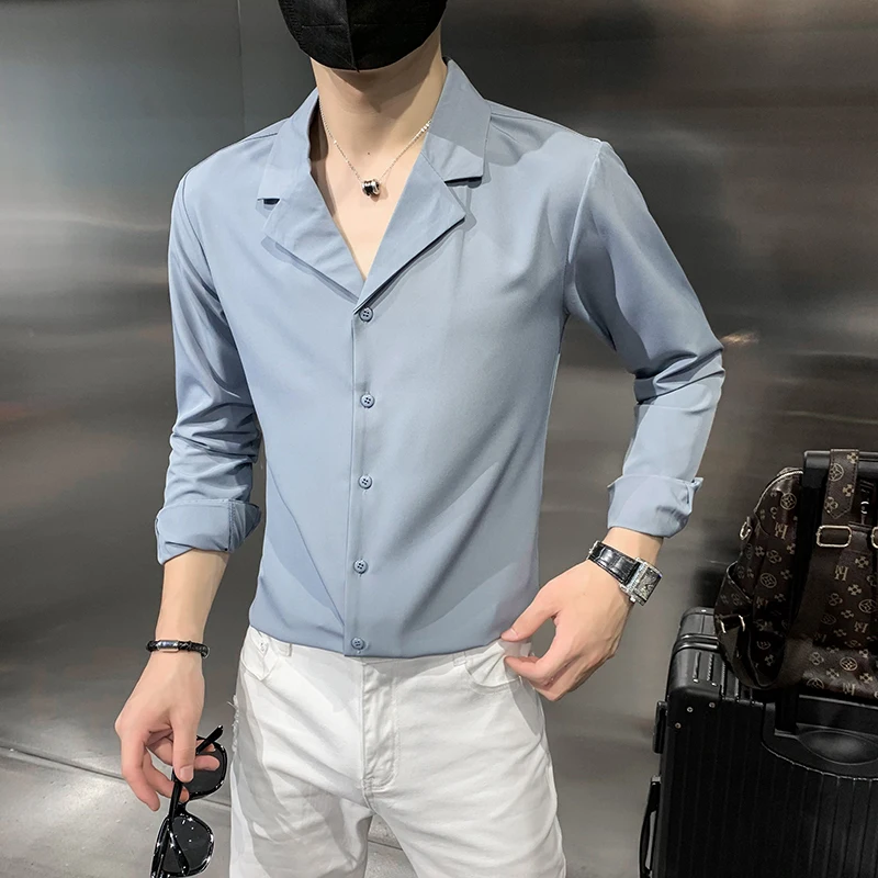 High Quality Solid Color Shirts for Men Long Sleeve Slim Casual Shirt Business Social Dress Shirt Show Party Tuxedo Man Clothing