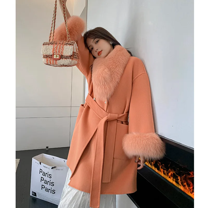 

Korean Style Sweet Loose-fit Cashmere Wool Blend Coat For Women Fall Winter Detachable Genuine Fox Fur Scarf Belt Wool Coats
