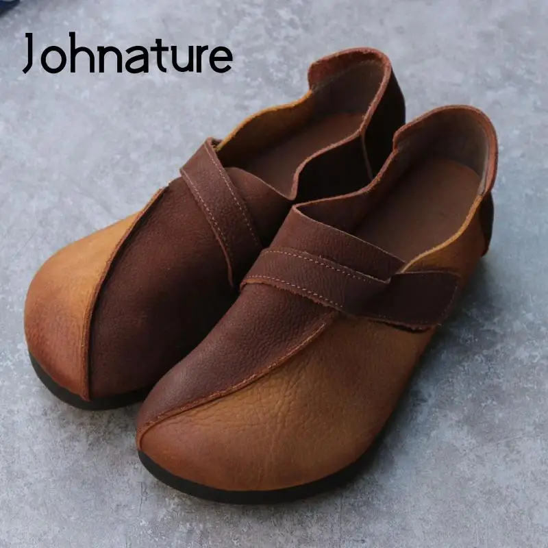 

Johnature Retro Flats Women Shoes Genuine Leather 2022 New Mixed Colors Hook & Loop Round Toe Handmade Leisure Ladies Shoes