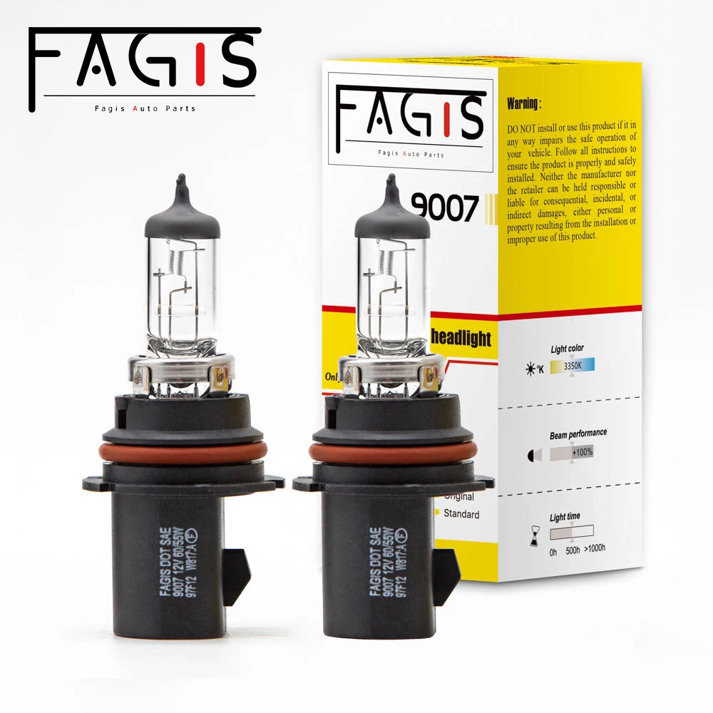 Fagis 2 Pcs 9007 HB5 12V 60/55W 3350K Warm White Auto Headlight Car Light Head Lamp Halogen Bulb