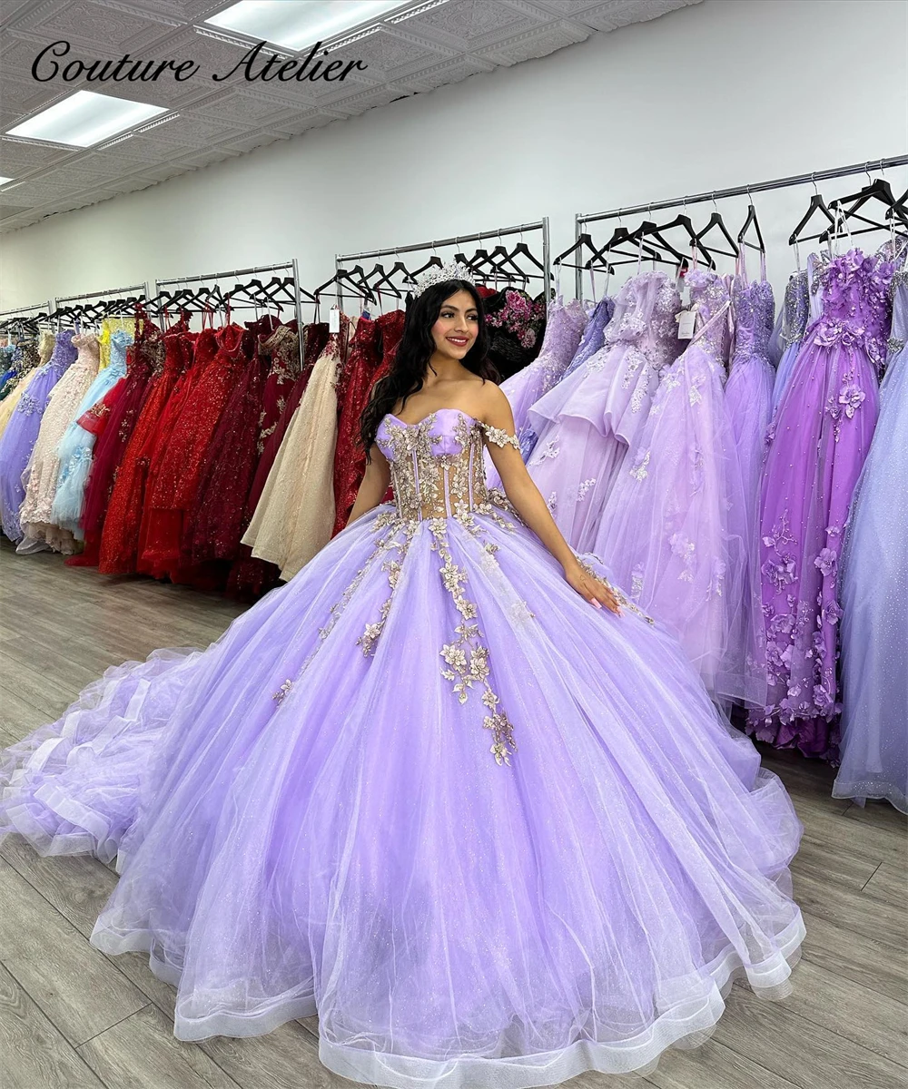 

See Thru Corset Off The Shoulder Tulle Ball Gown Quinceanera Dress Lilac Long Train Wedding Dresses Sweet 16 aqua quinceñeara