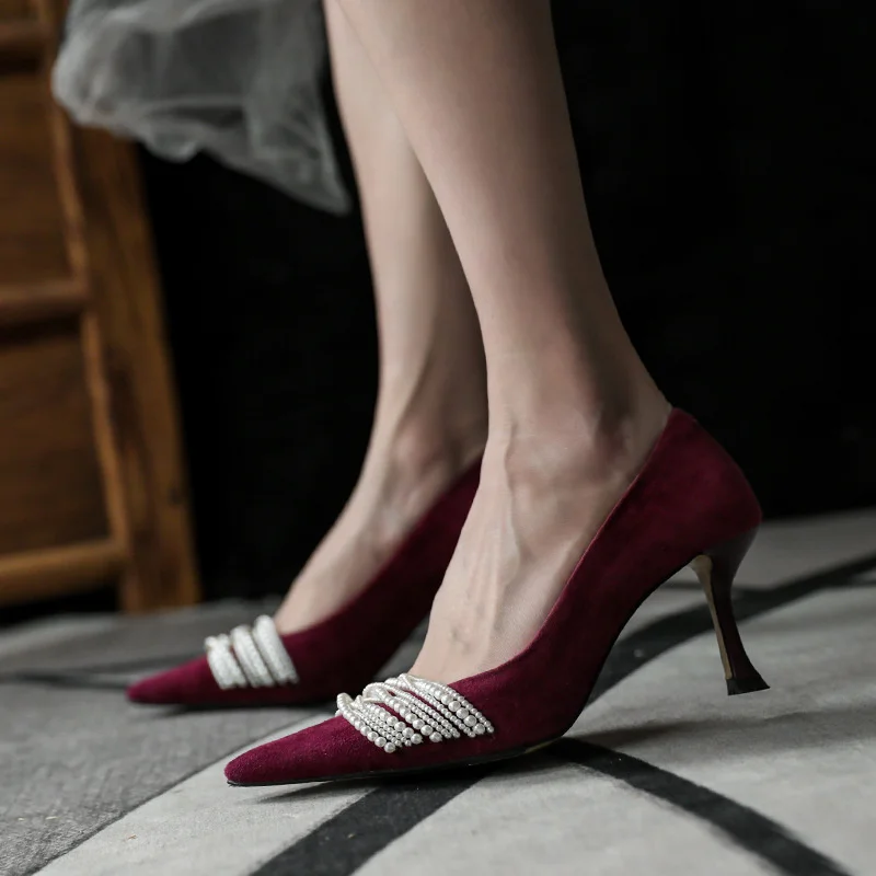

Ladies Pointed Toe Stiletto High Heels Solid Color Shallow Mouth Beaded Fashion Women's Shoes Sexy Rhinestone Female High Heels