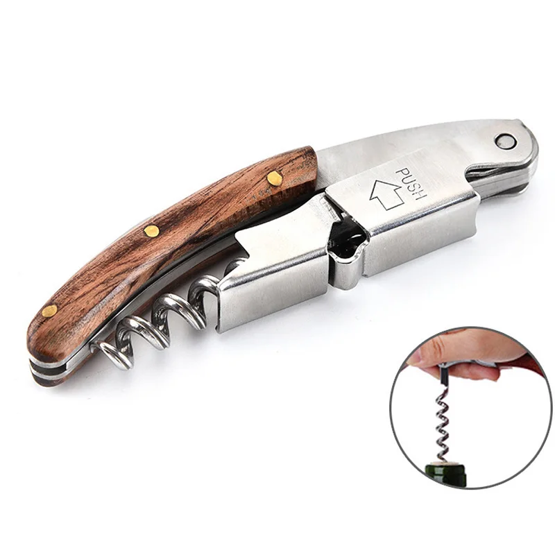 

50Pcs/Lot Stainless Steel Corkscrew Wine Key Beer Bottle Opener Foil Cutter Wood Handle Openers Waiter's Wine Knife Corkscrews