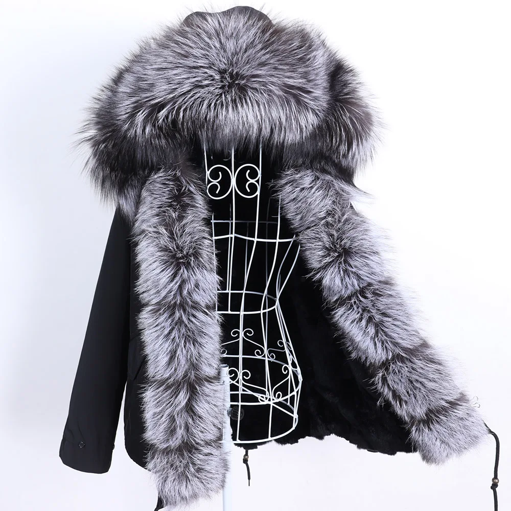 New Real Genuine Natural Rabbit Fur Coat With Hood Women's Fashion Fur Jacket Outwear Female clothing Rabbit Fur Lined Parka