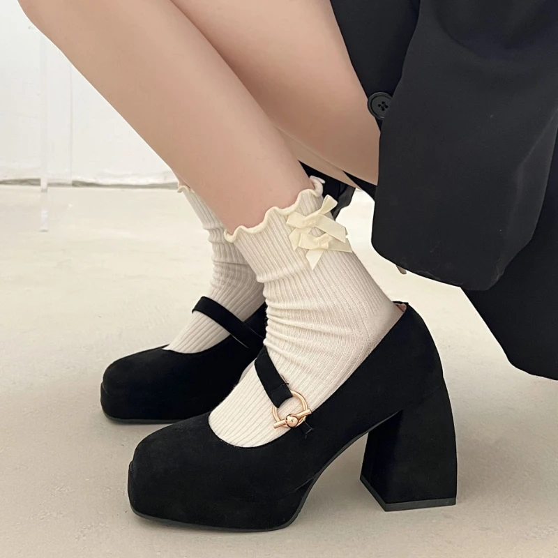 Купи Vintage Thick Super-high Heel Mary Jane Shoes for Women 2022 New Autumn Winter Suede Square Toe Pumps Women's Party Dresses Shoe за 701 рублей в магазине AliExpress