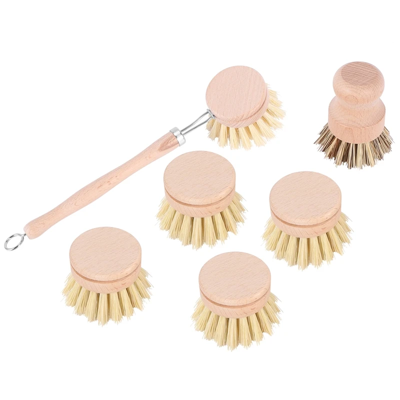 

Щетка для мытья деревянной посуды, 6 шт., набор кистей с щетиной из натурального волокна и деревянной ручкой, щетка для мытья дерева с интерча...