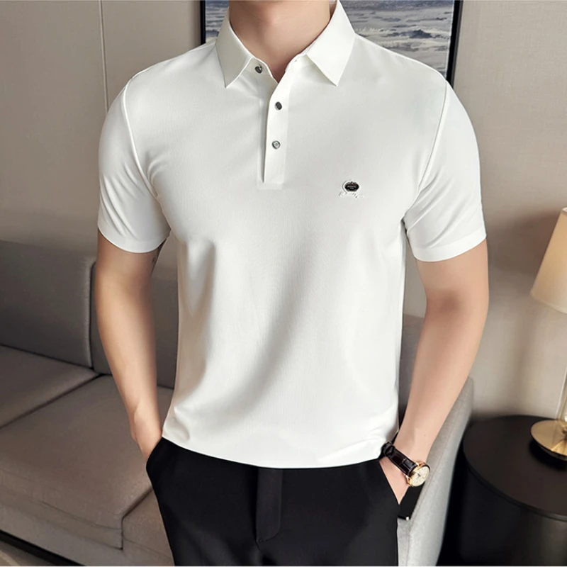 Высокоэластичная вафельная бесшовная рубашка-поло для мужчин летняя Облегающая