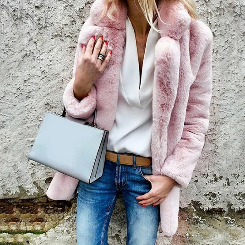 

Winter Women Faux Fur Coats Fashion Solid Color Soft Plush Outwear Female Casual Long Sleeve Warm Thick Fluffy Jacket Coat