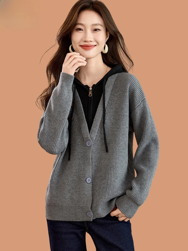 Вязаный кардиган с капюшоном женский осенне-зимний новый вестерн Sle