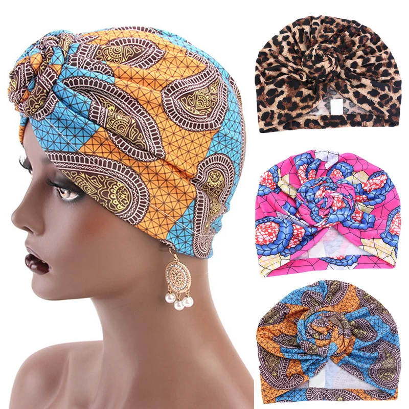 

Модная шляпа с узлом, женская шляпа с Африканским цветочным принтом из Анкары, Женский индийский тюрбан, шапка с большим цветком, головной шарф, облегающие шапки