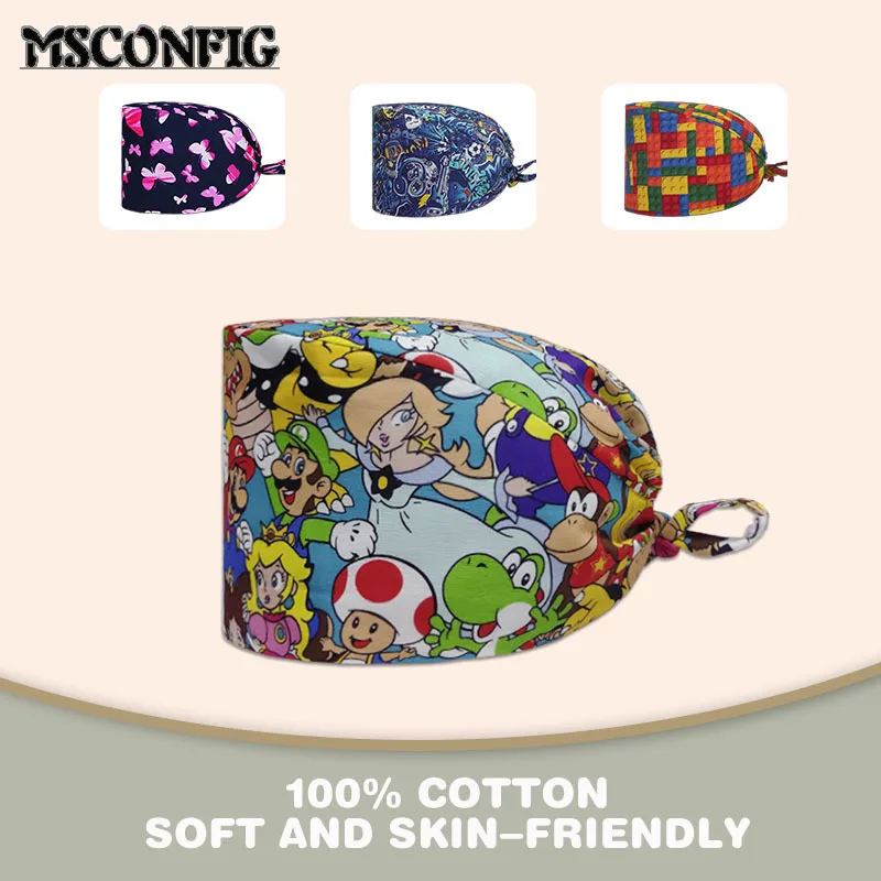 

High-quality Cartoon Printed Sweat-absorbent Scrub Cap Men and Women Adjustable Beauty Salon Pet Shop Nurse Cap Surgical Cap